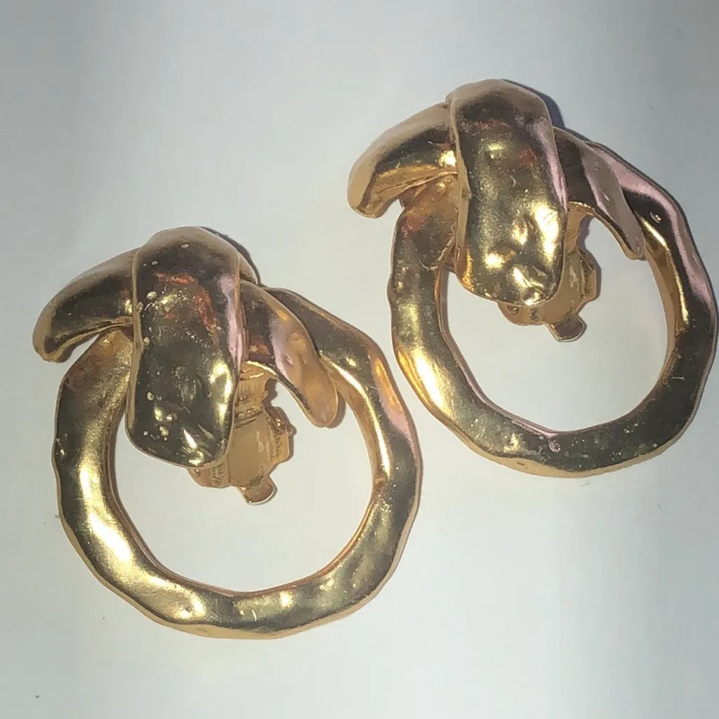 Vintage Satin Soft Gold Tone Door Knocker Retro Boho Clip On Earrings - Image 4