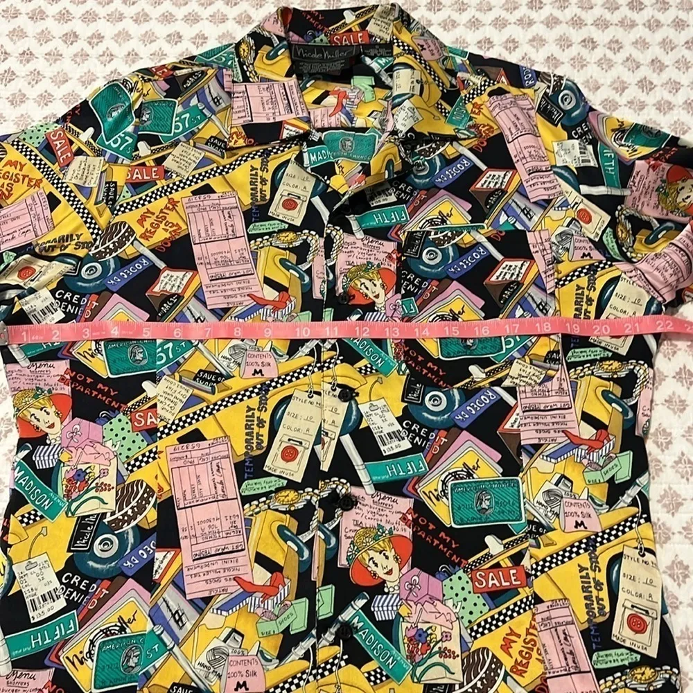 Vintage Nicole Miller 1990 Limited Shopaholic Print Silk Button Down NYC Shirt - Image 13
