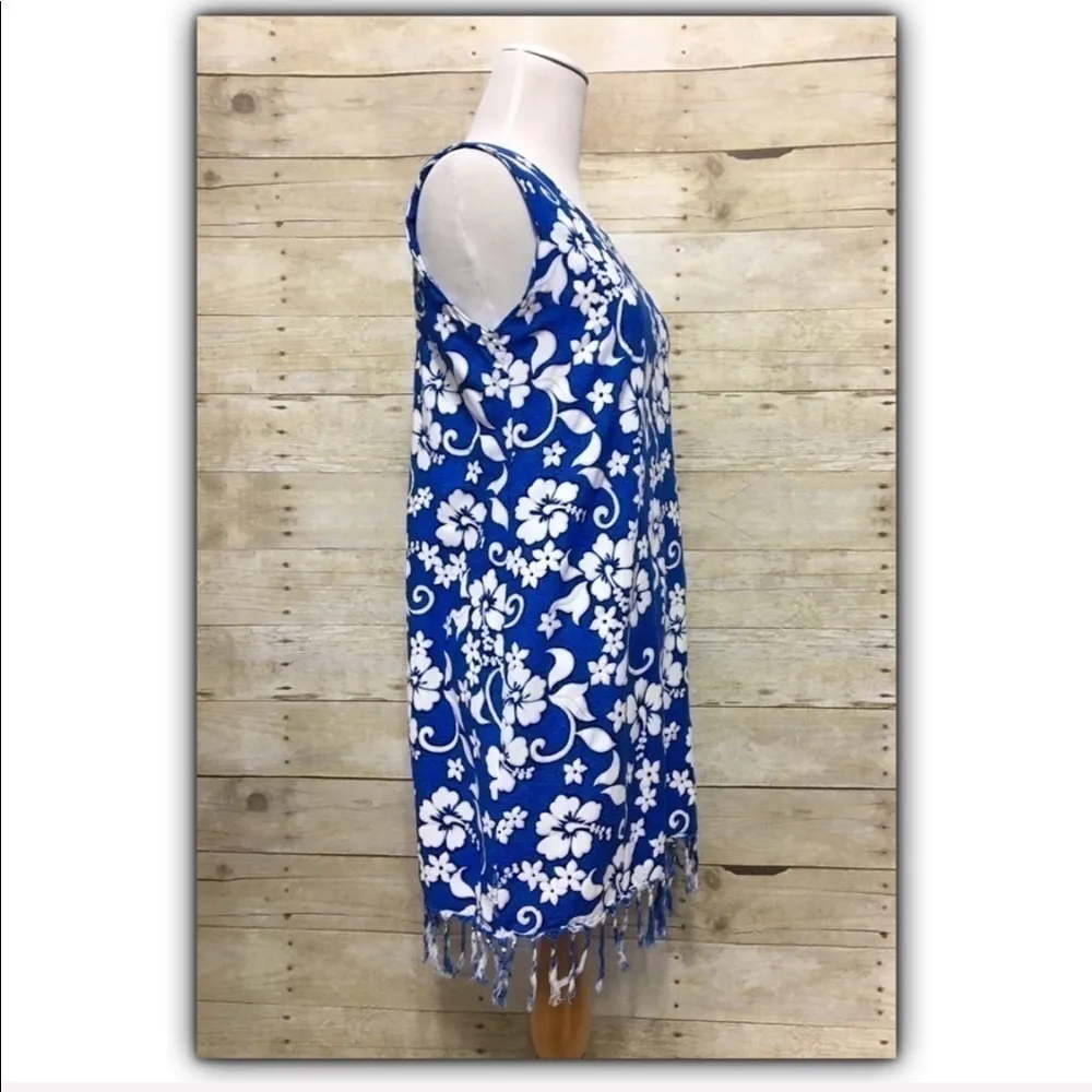 Tropical floral hibiscus print fringed rayon sleeveless dress size S Blue - Image 4