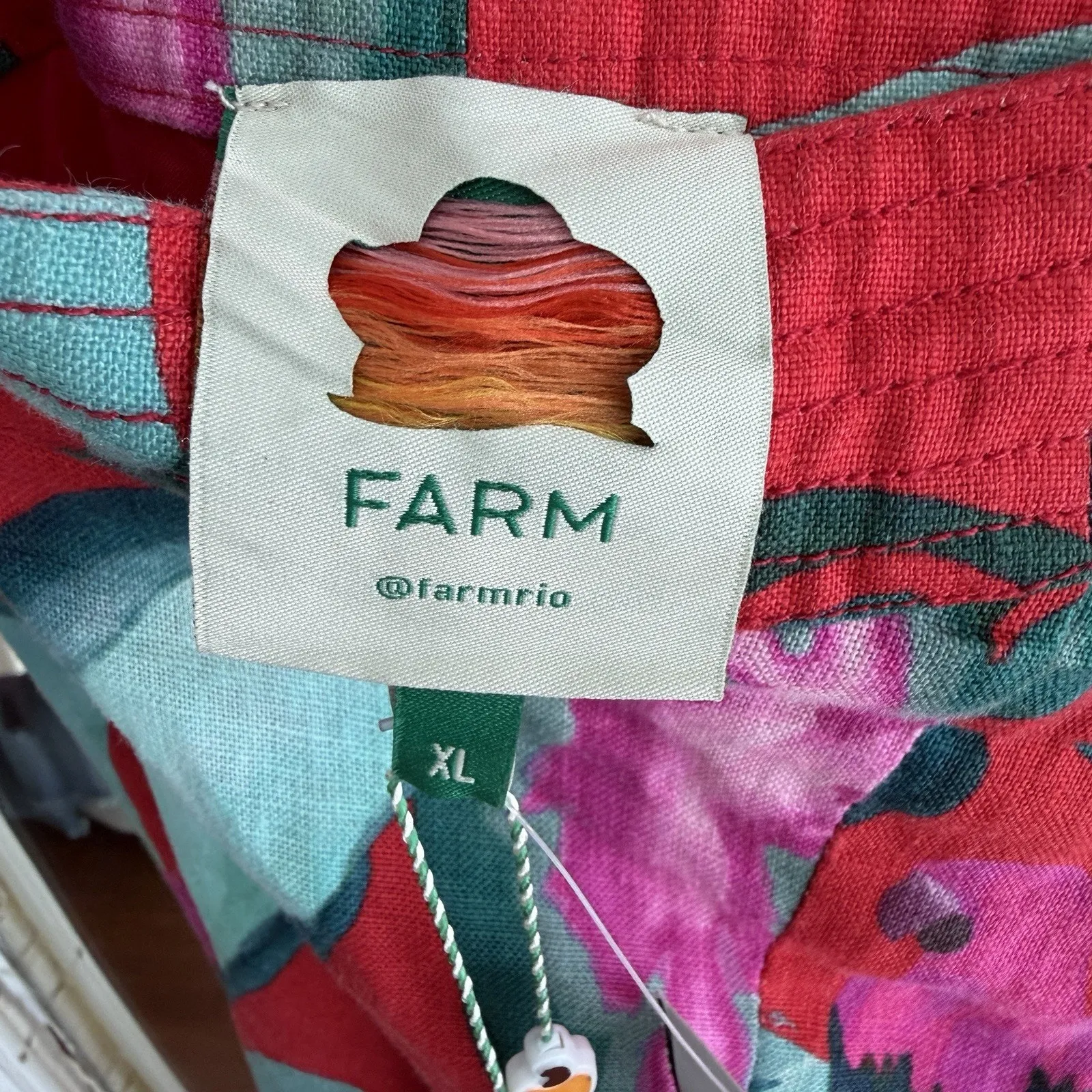 Farm Rio Dress XL Red Floral 100% Linen Tropical Summer Foliage Mini Resort - Image 6