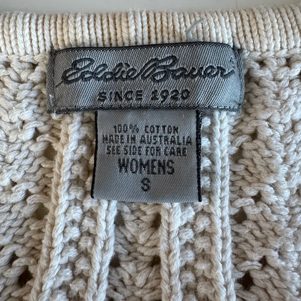 Vintage 90s Eddie Bauer Ivory Cream Crochet Cotton V Neck Cardigan Sweater Small - Image 5