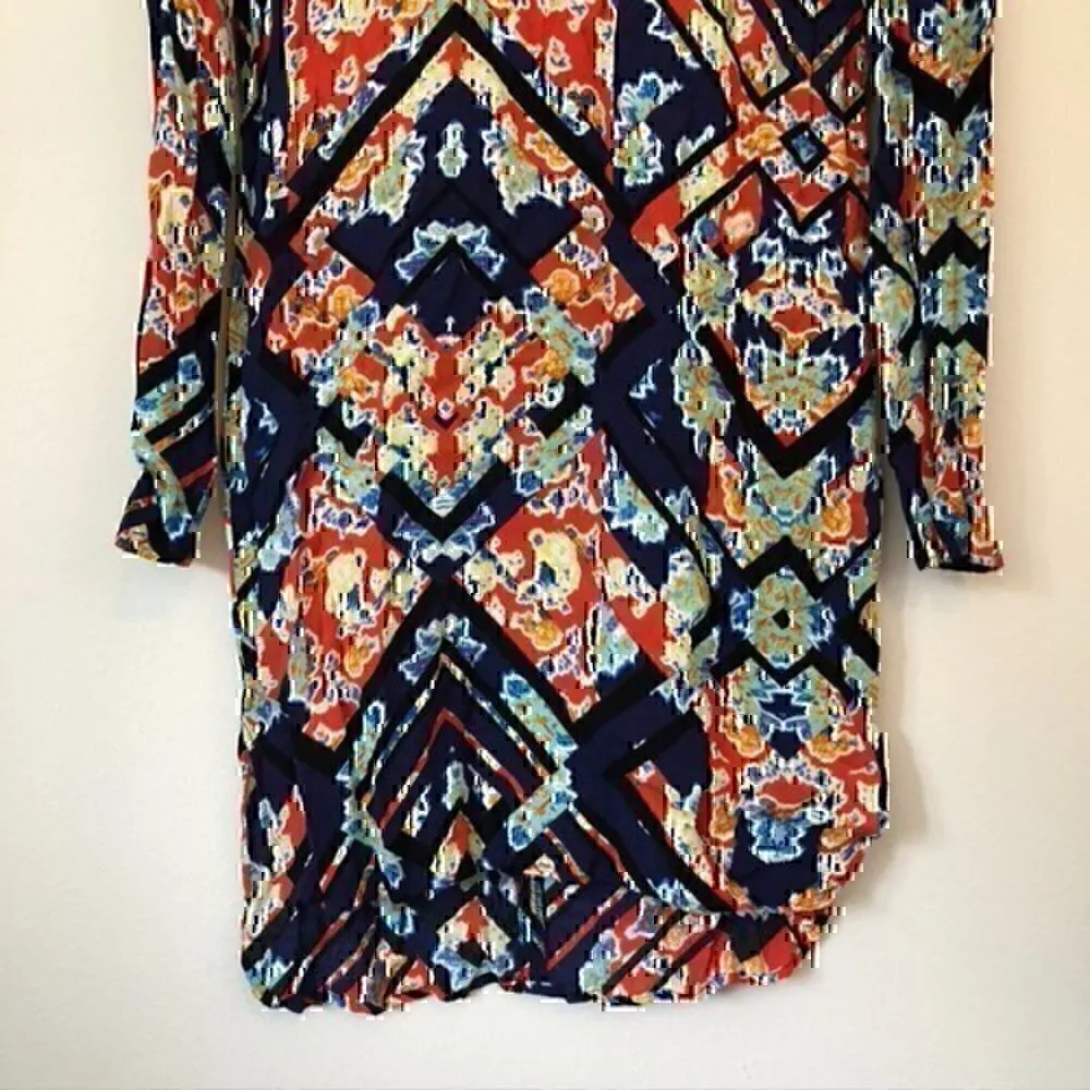 WAYF Red Blue Black Multi Floral Geometric Aztec Boho Long Sleeve Shift Dress XS - Image 4