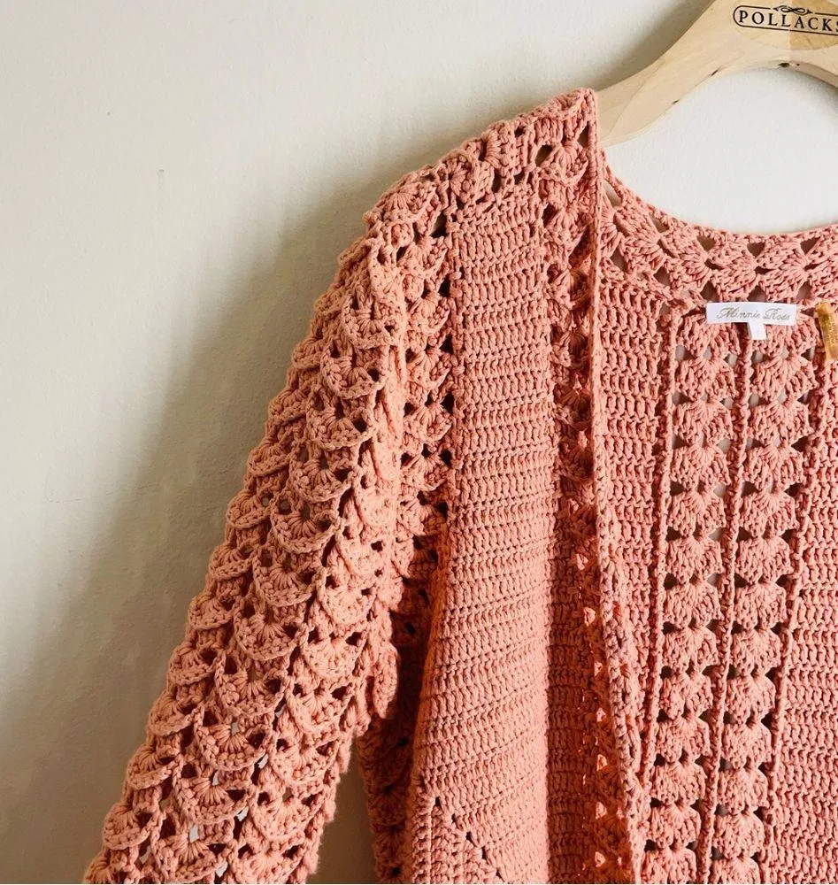Minnie Rose Crochet Duster Cardigan Peach/Coral size S Pink - Image 3