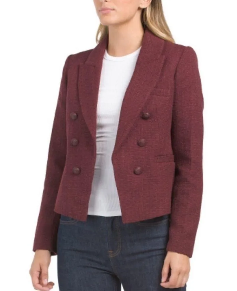 ELIE TAHARI Double Breasted Tweed Blazer in Burgundy, Size L Retail $495 - Image 15