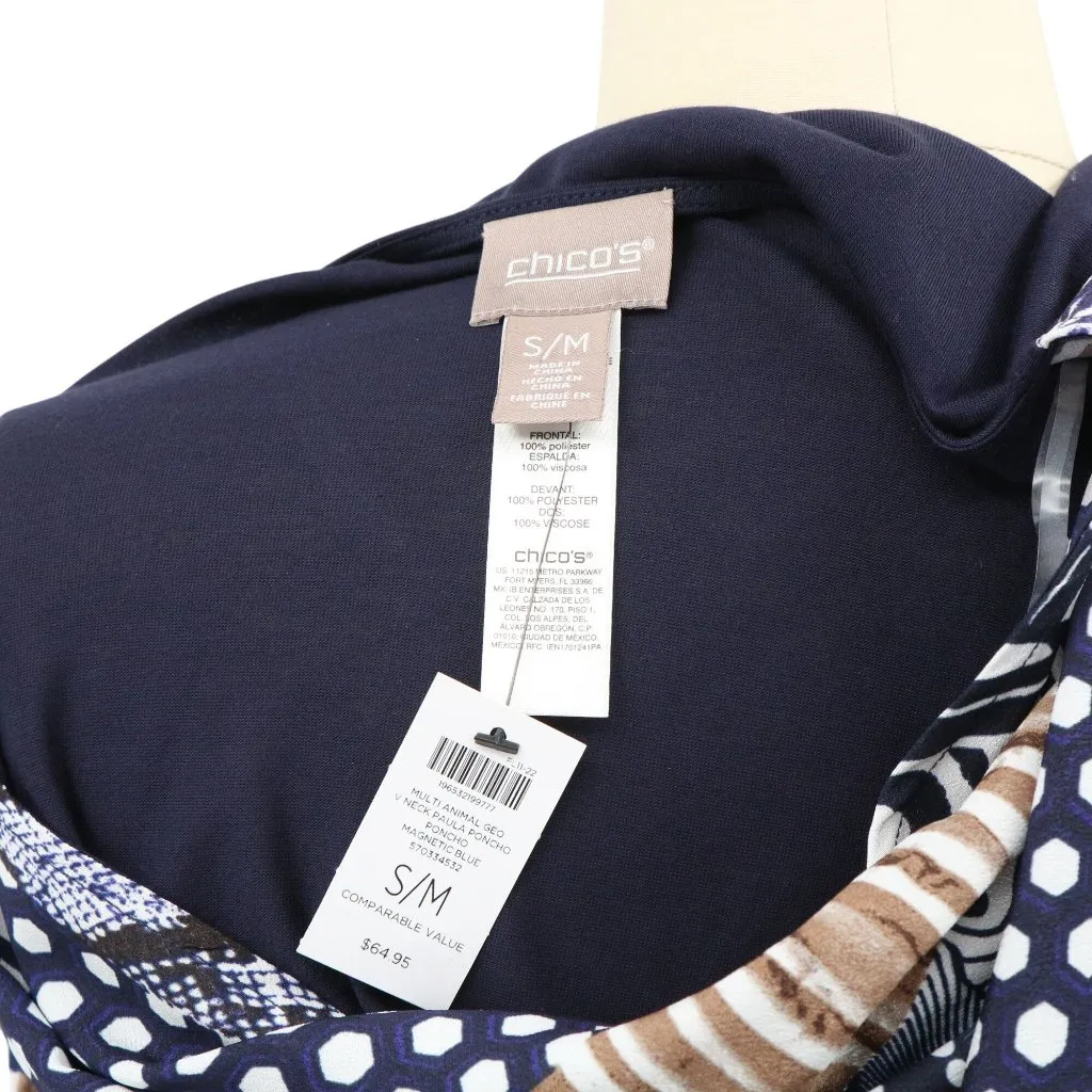 NWT Chicos Animal Geo Print V-neck Paula Poncho Top Navy Blue S/M - Image 5