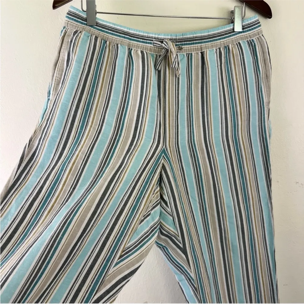 J. Jill Linen Blend Aqua Beige Striped Straight Leg High Rise Comfy Casual Pants Blue Size M - Image 4