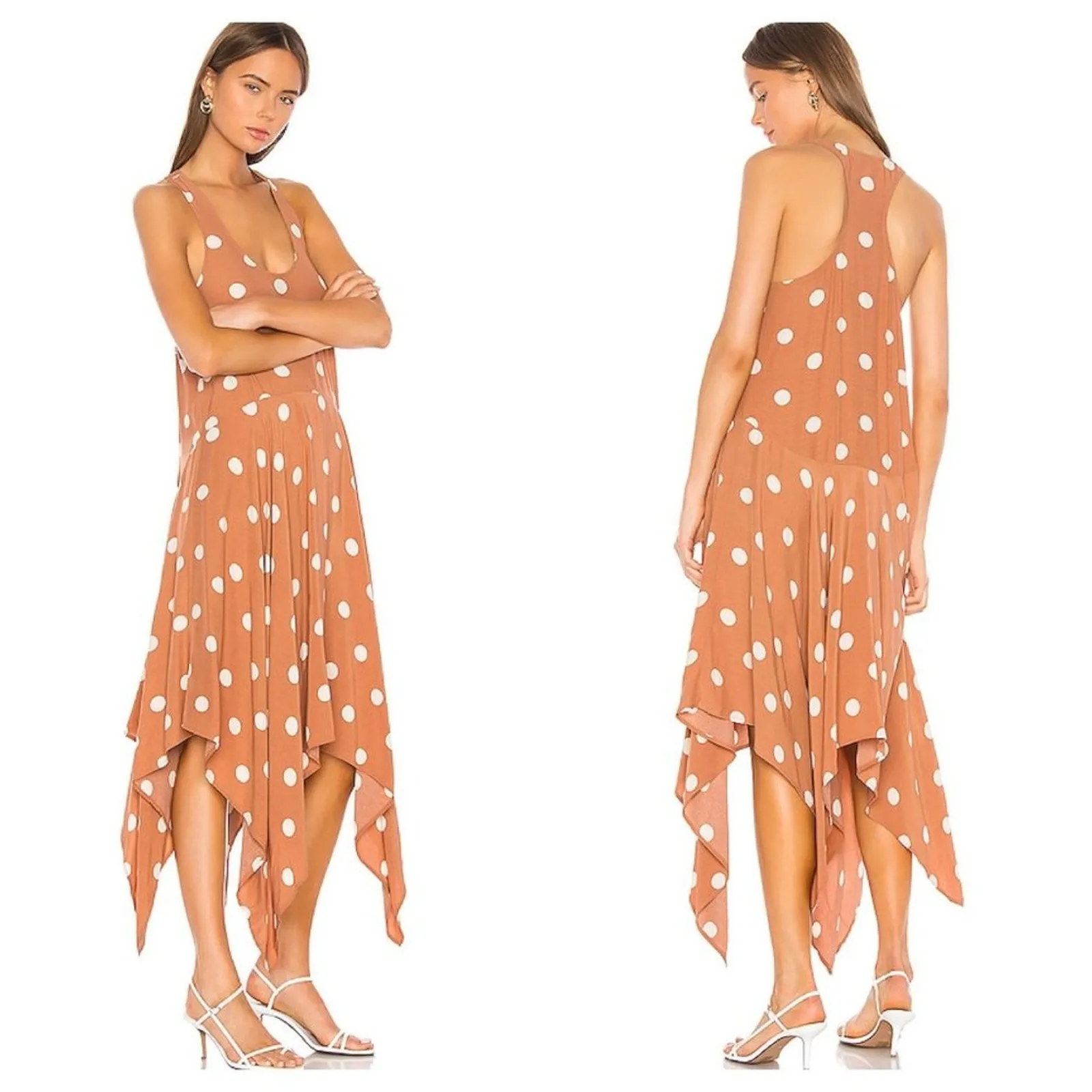 NEW Revolve Midi Dress Tan Polka Dot - Image 2