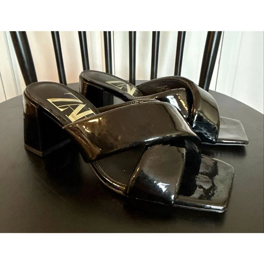 Zara black patent block heel sandals size 6 - Image 12
