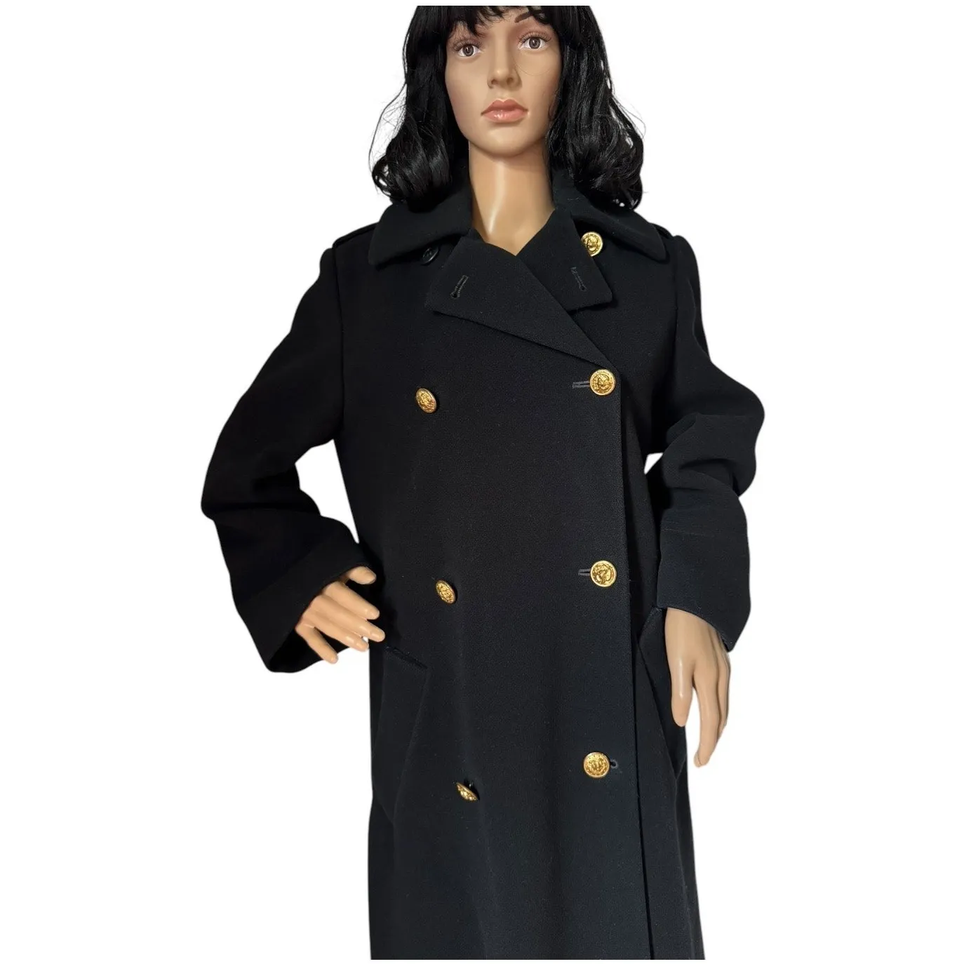Perry Ellis Vintage Black Wool Military-Style Long Coat 1970s–1990s small - Image 5