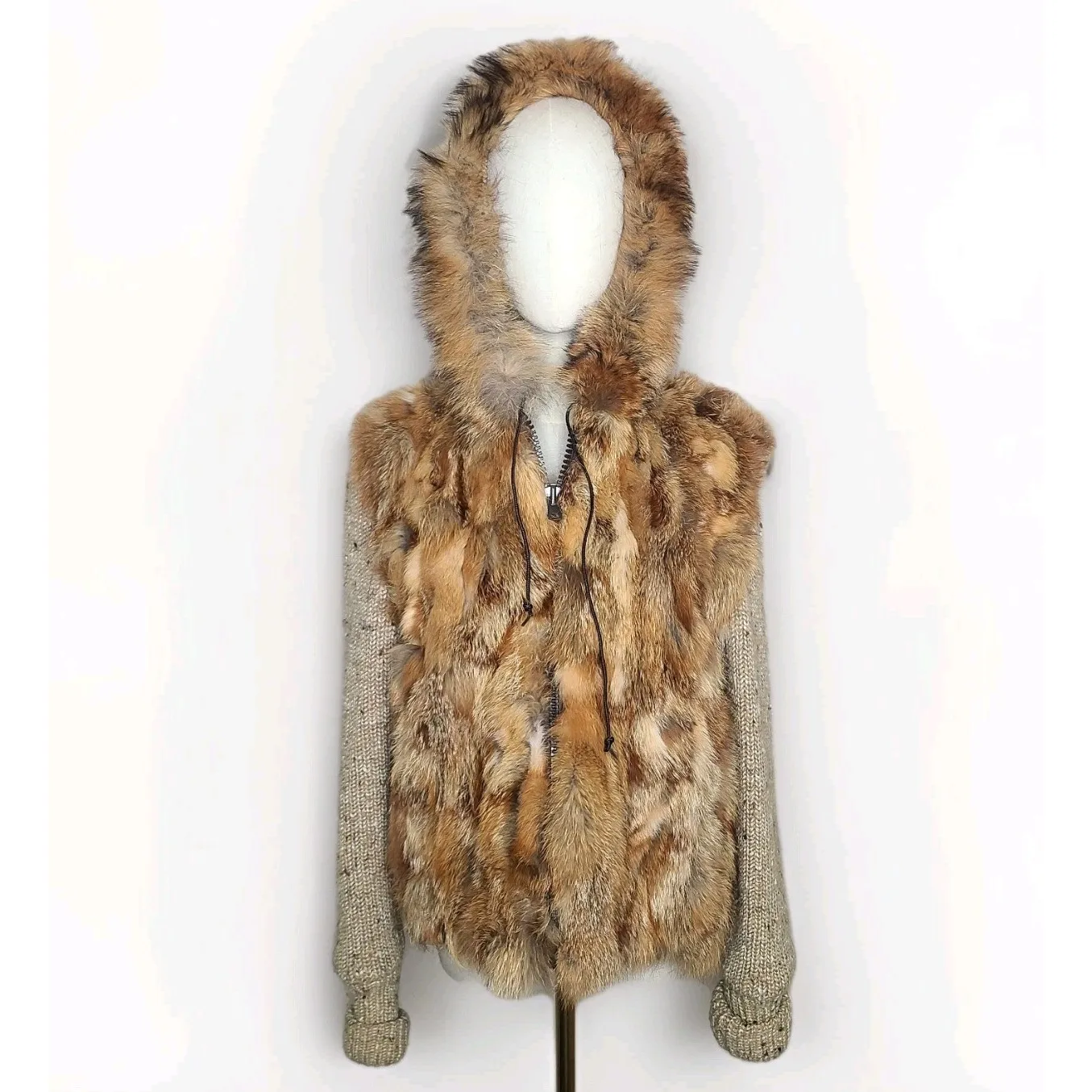 Vintage 1980s Coyote? Fur Sweater Jacket Coat Knit Hooded Zip Retro Hippie Brown Size undefined - Image 2