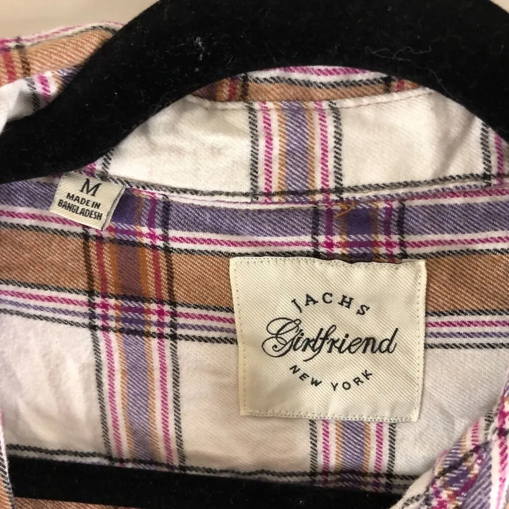 Jachs Girlfriend Womens Plaid Button-Up Flannel Shirt White Brown Pink Pockets M - Image 3