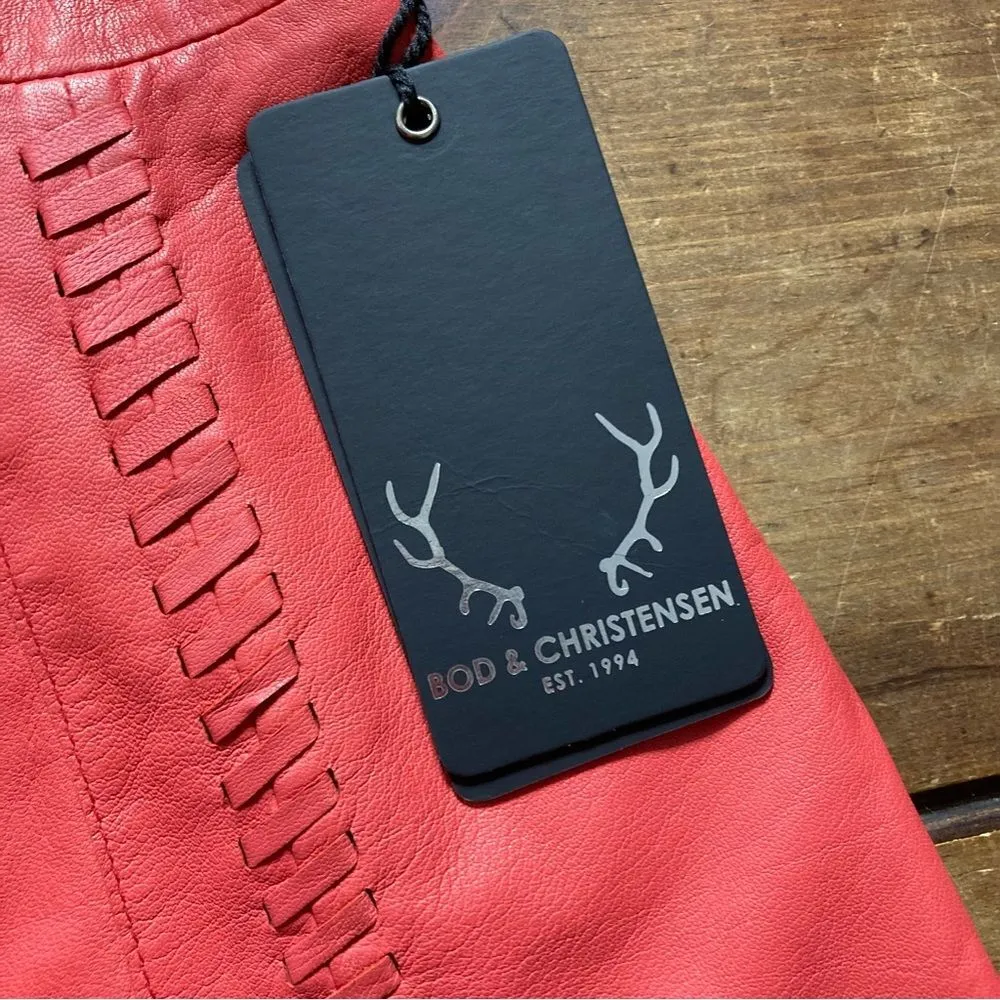 NWT Bod & Christensen Gabi Coral Red Real Leather Mini Skirt Whipstitch Medium - Image 5