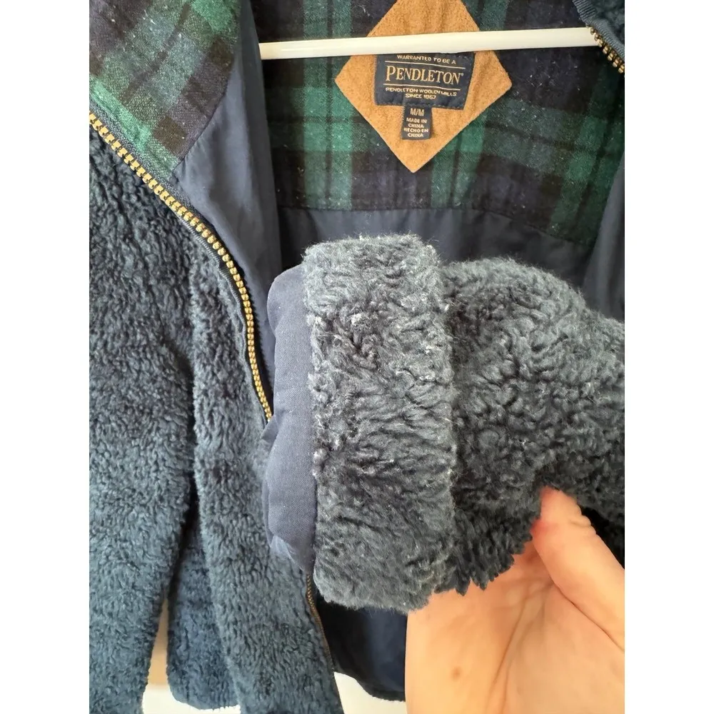 Pendleton Woolen Mills Sherpa Plaid Blue Full Zip Jacket Womens Size Medium - Image 10