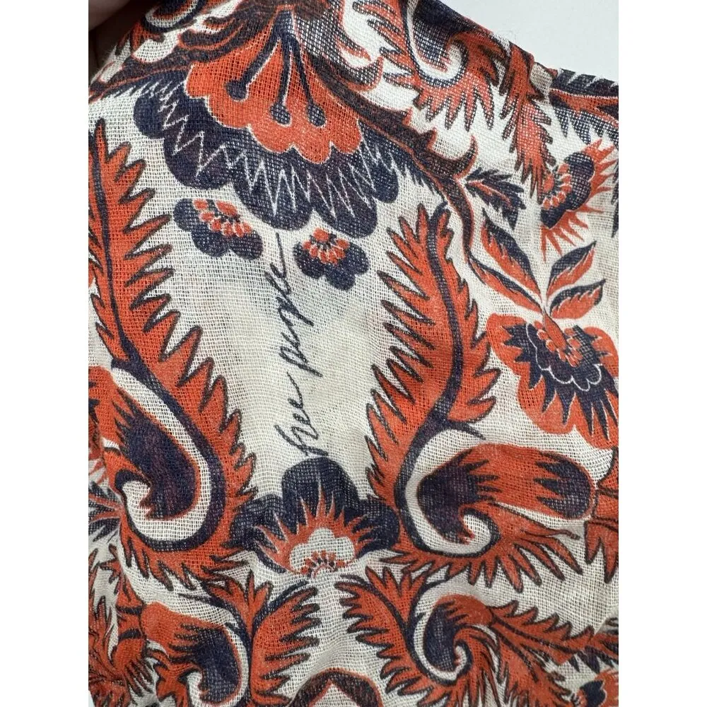 Free People Hobo Tote Shoulder Bag Orange Linen Floral Beach Boho Hippie Gauzy‎ - Image 4