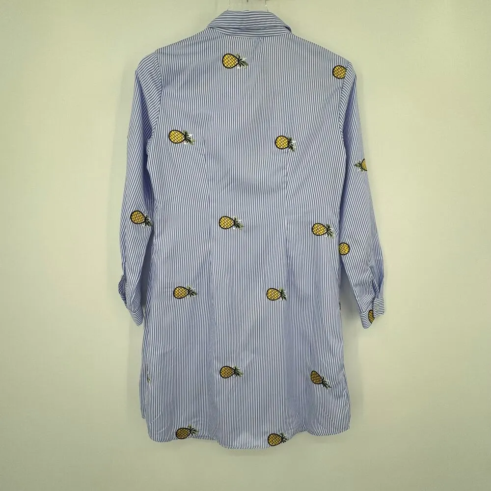 J. Gee shirt dress embroidered pineapple print blue white stripe nautical S NEW - Image 3