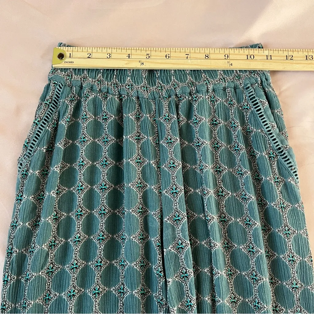 Anthropologie Muted Teal Geometric Patterned Crinkle Rayon Wide Leg Pull On Pant - Image 10