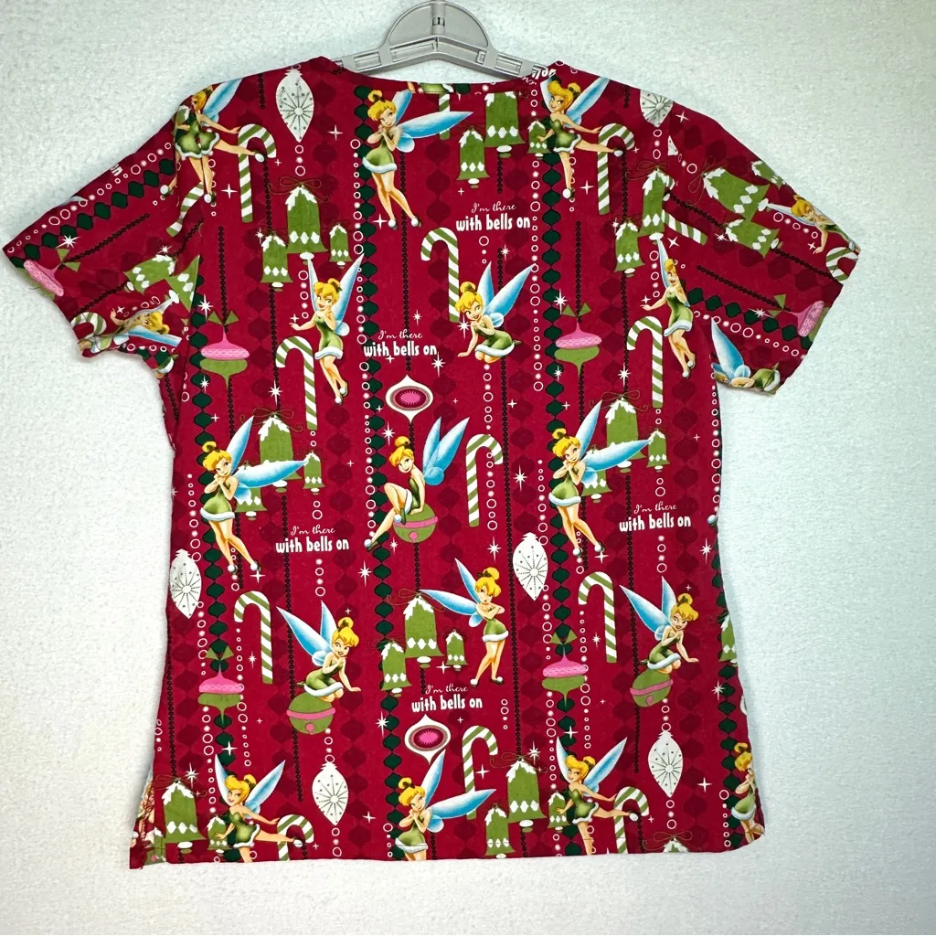 Disney Tinkerbell Holiday Scrub Top S Red Burgundy There With Bells On Christmas - Image 3