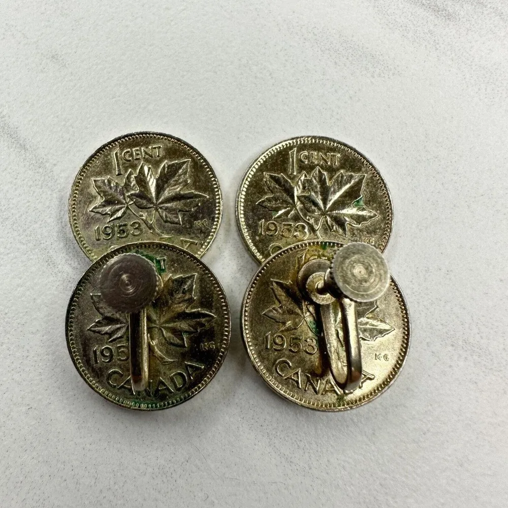 Vintage Queen Elizabeth 1953 1 Cent Canadian Coin Earrings Pair Screw Back - Image 3