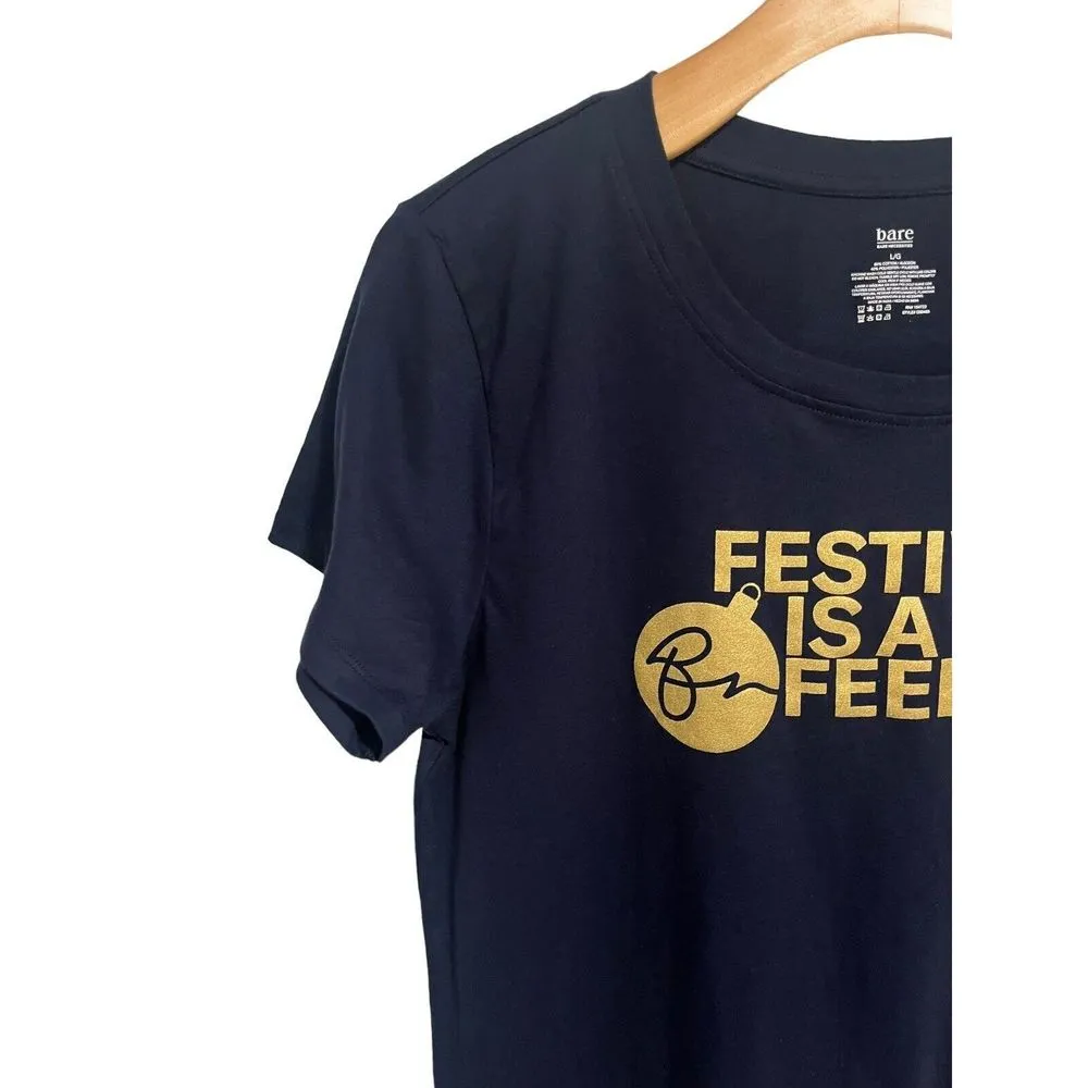 Bare Sleep Shirt Womens Large Festive Is A Feeling Navy Blue Gold Graphics NEW - Image 2