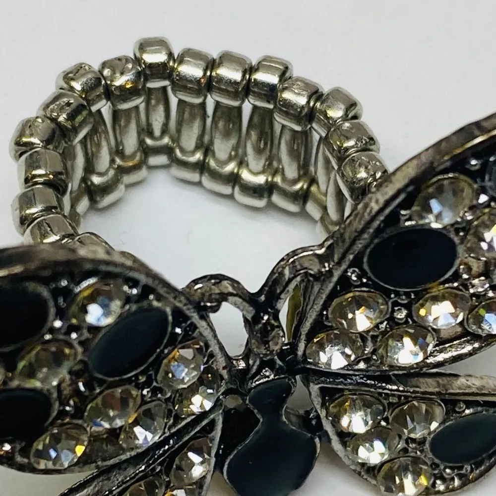Ring Stretch Butterfly Shape Women Rhinestone Accents Enamel Silver Color Metal - Image 16