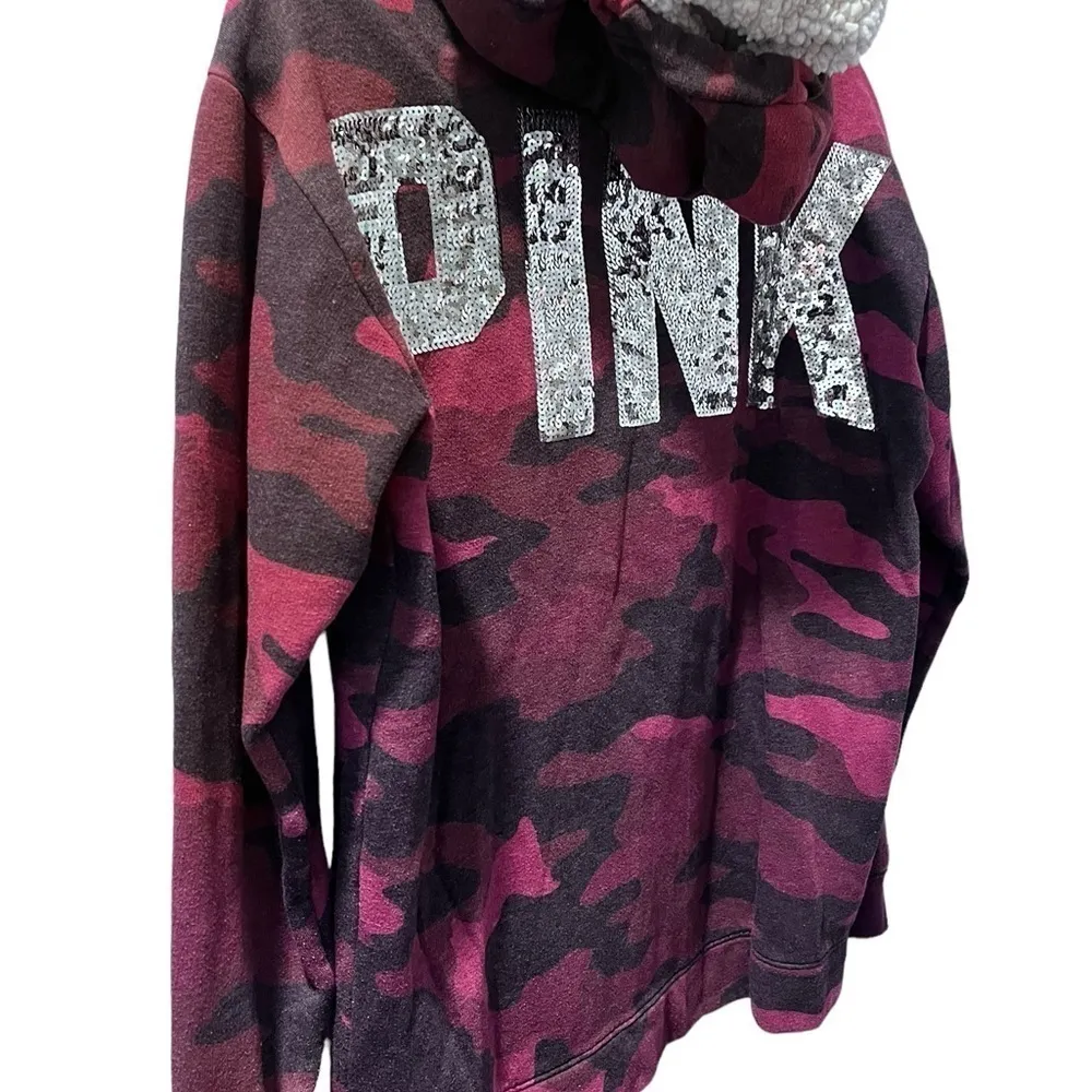 PINK Victoria's Secret Sequins Camoflauge Hoodie Sherpa Bling Size XS Black - Image 8