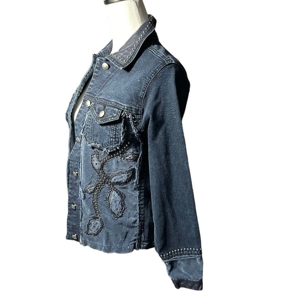Brazil Roxx Women’s Distressed Embellished Studded Denim Jean Jacket Sz Small Blue - Image 5