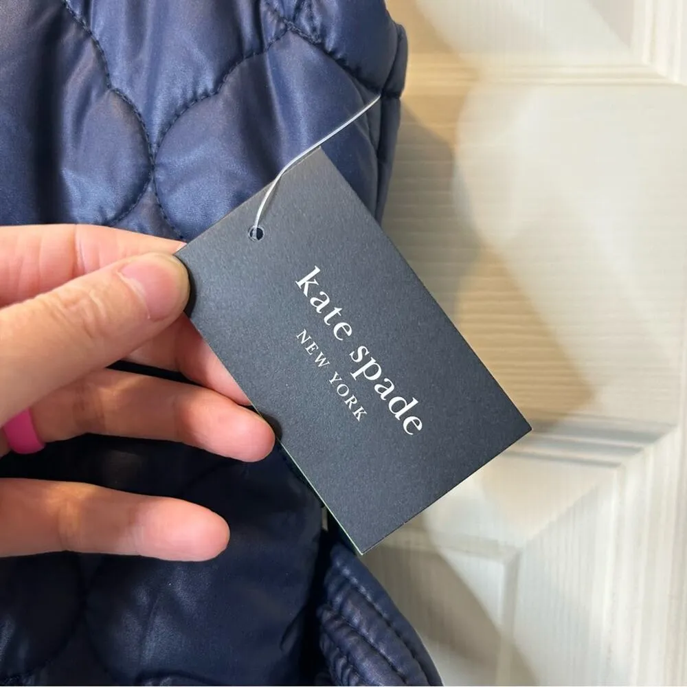 Kate Spade NY Quilted Zip Button Up Puffer Long Vest Navy Blue Tie Waist NWT NEW - Image 6
