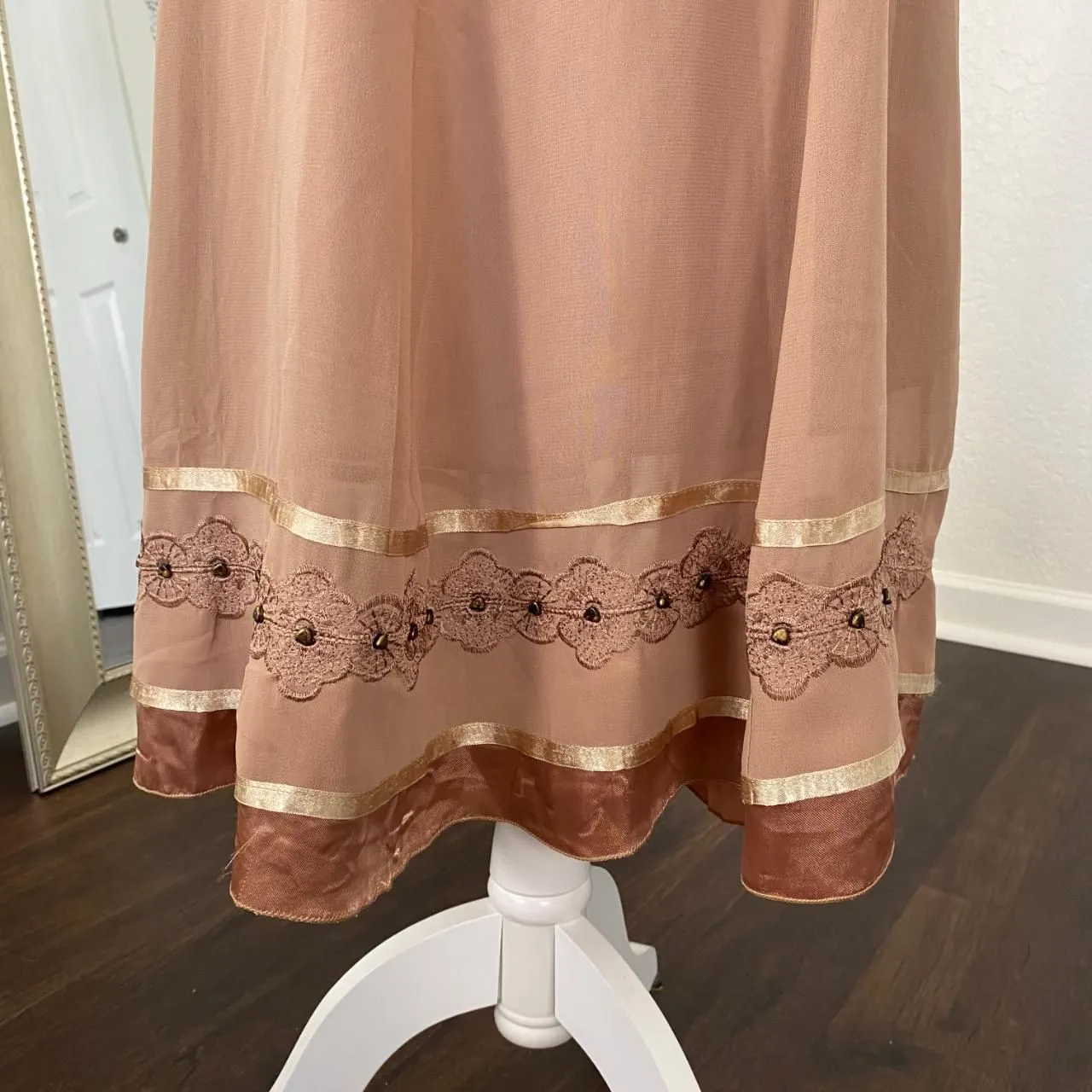 Whimsical Fairy Cottage Core Satin Mesh Embroidered Beaded Midi Maxi Skirt XL Brown - Image 2