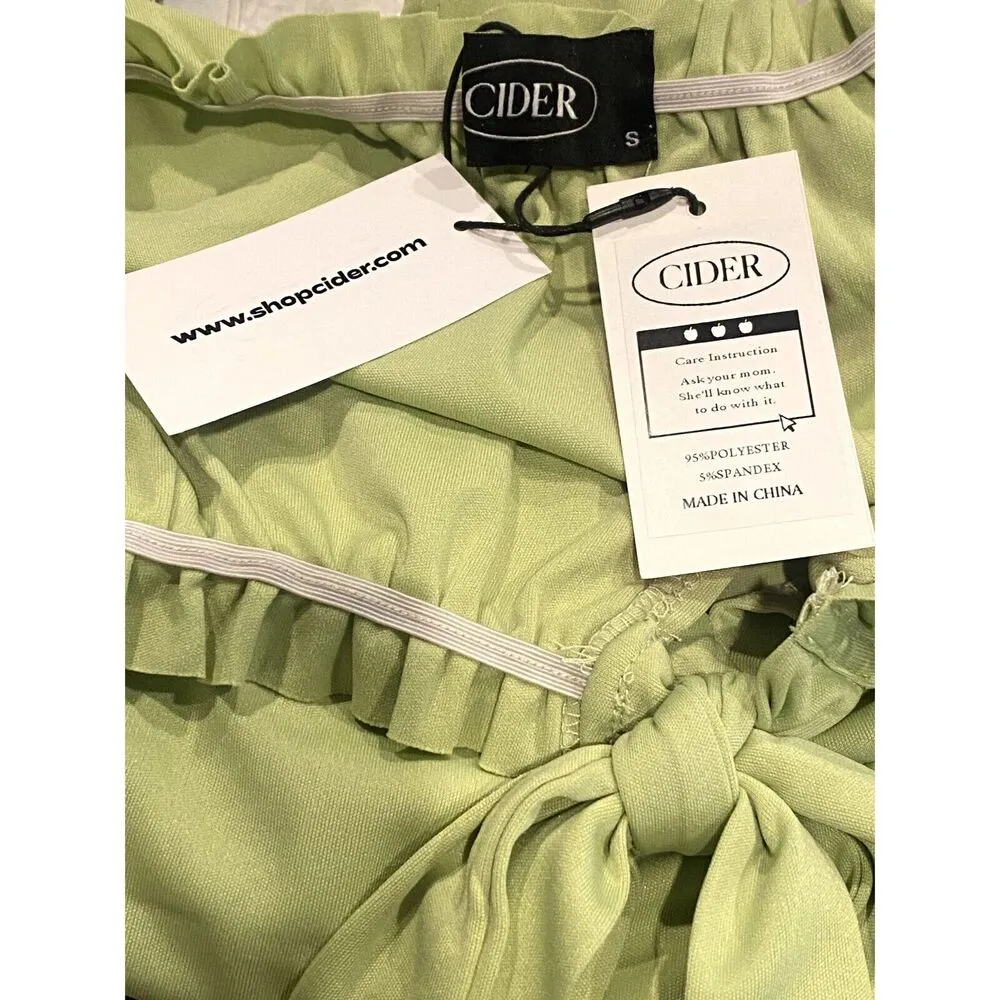 NEW Ruffled Off Shoulder Tie Key Hole Bodysuit Puff Sleeves Snap Crotch S Green - Image 7