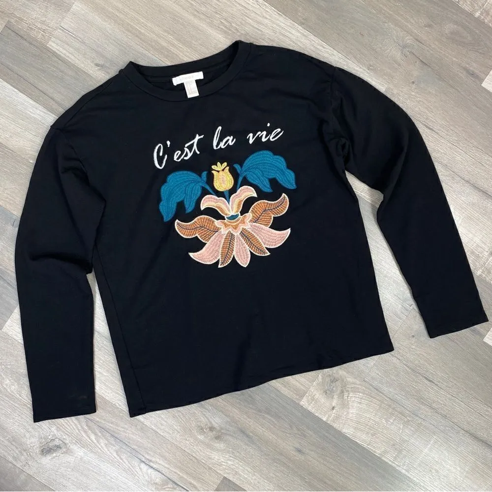 Forever 21 Embroidered Fluer-De-Lis Sweatshirt Top Black Small - Image 6