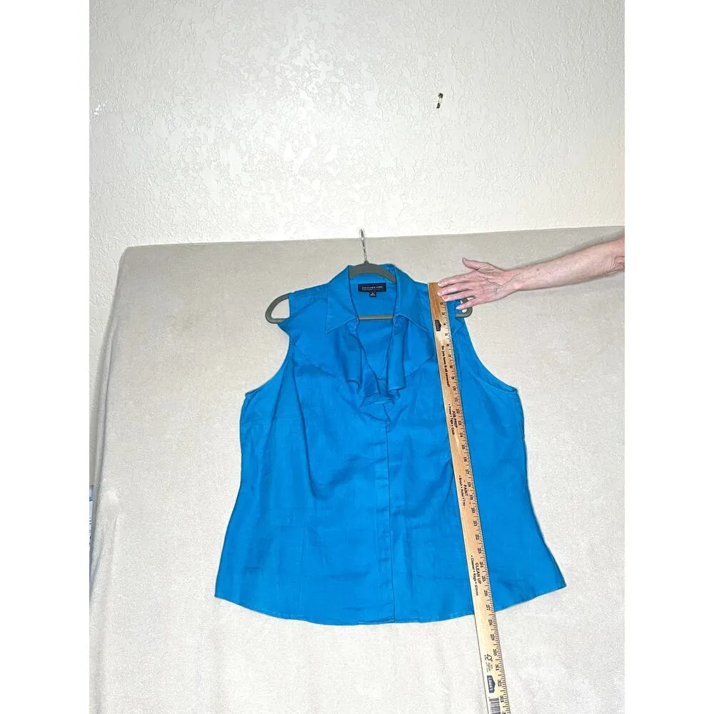 Jones NY size 2X top button-up 100% linen blue sleeveless cruise wear, office - Image 5