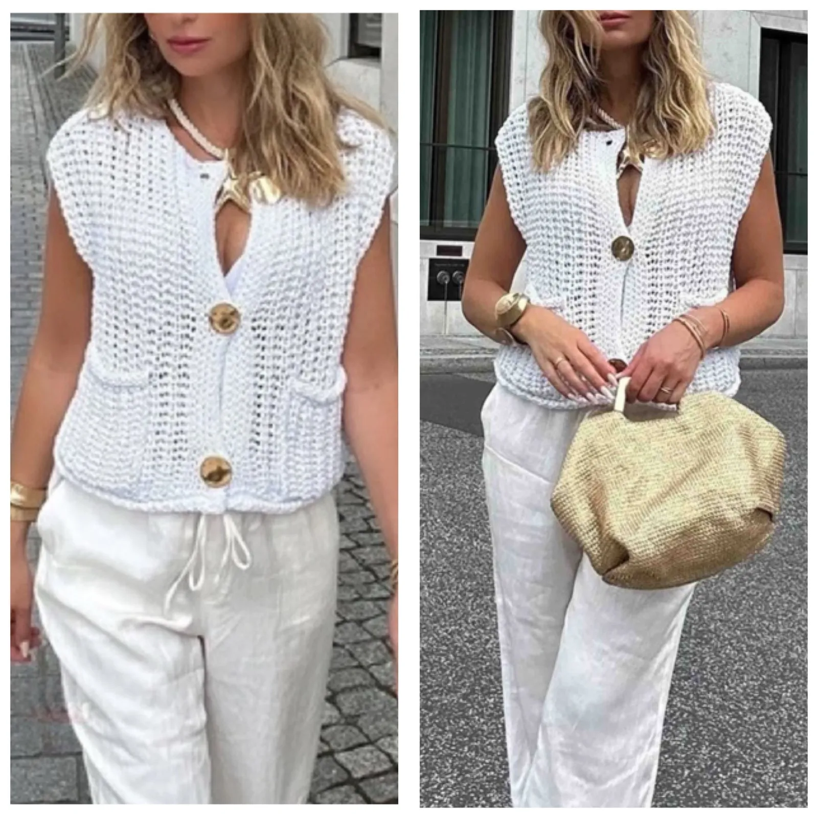 Zara White Chunky Knit Oversized Cardigan Sweater Vest Size Small Gold Button - Image 3