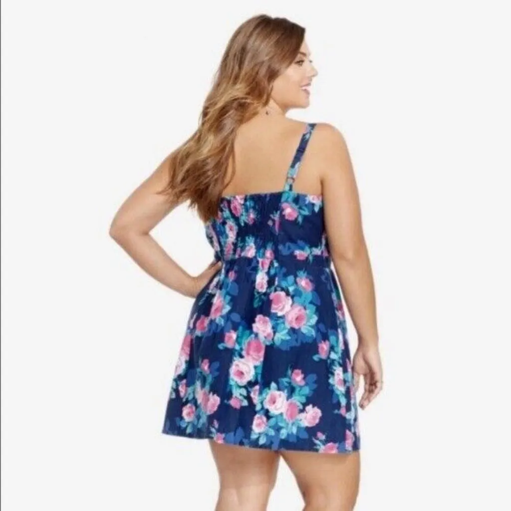 Jessica Simpson Mini Dress 2X Blue Pink Rose Floral‎ Corset Smocked Micro Ribbed - Image 6