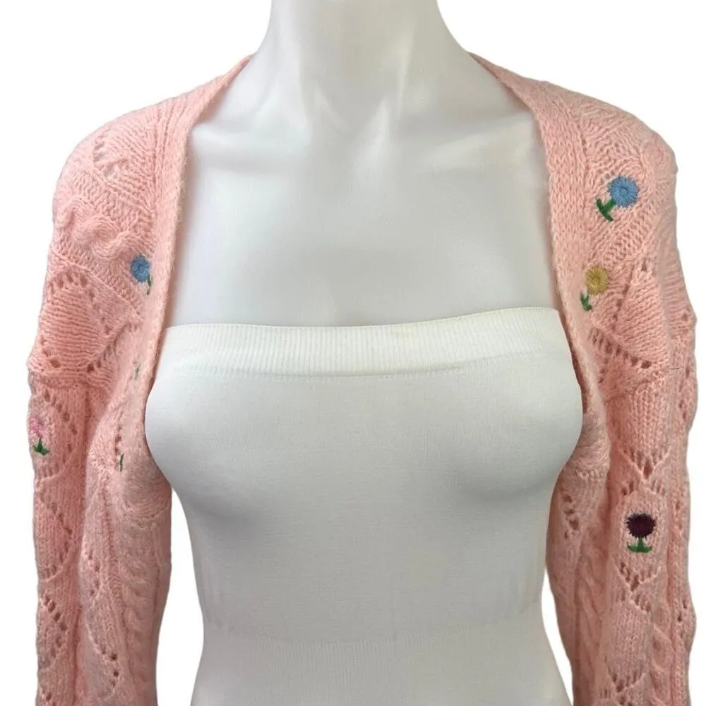 Zara Pink Knit Embroidered Floral Cozy Cropped Open Cardigan Sweater Top Size S - Image 4
