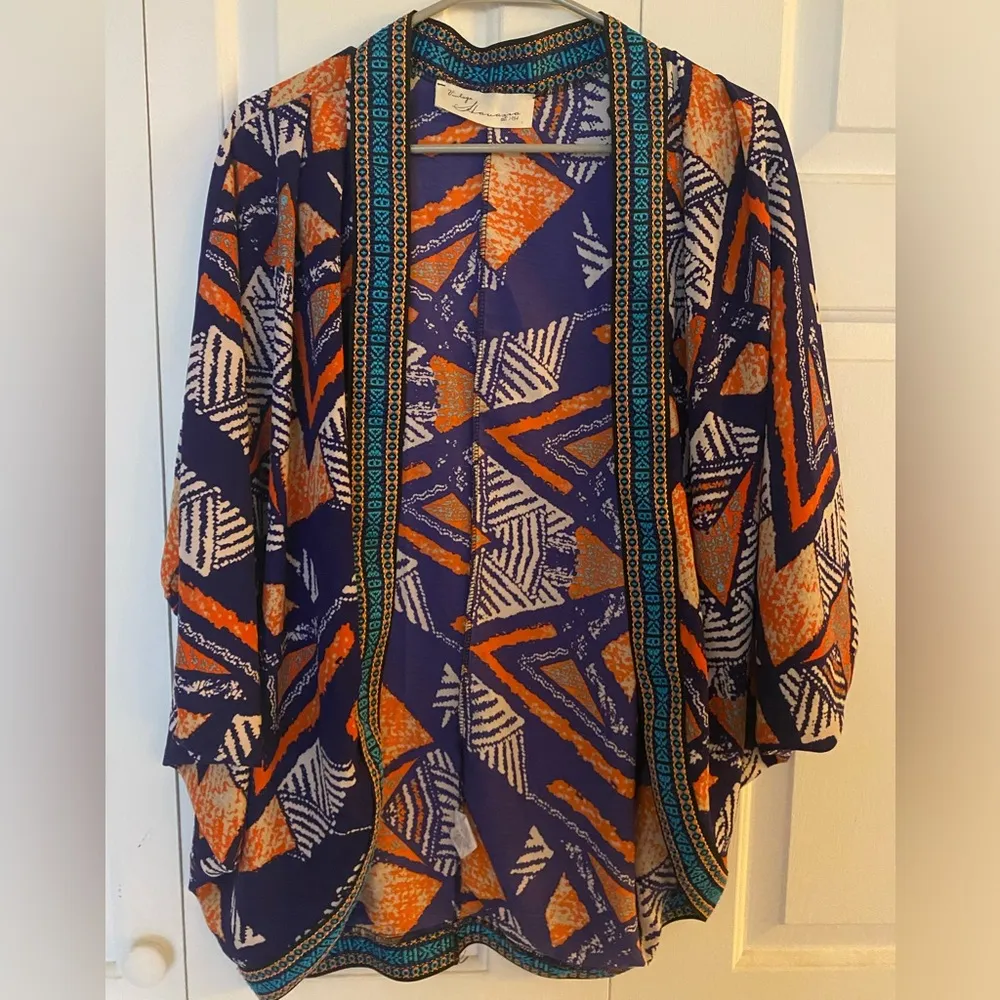 Vintage Havana Orange and Navy Bold Print Open Kimono Dolman Sleeves, Medium - Image 2