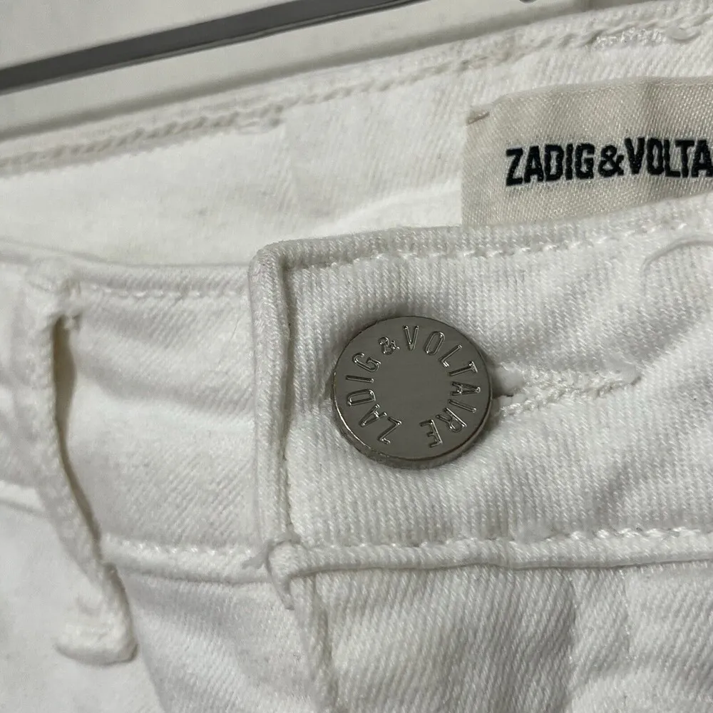 Zadig & Voltaire White Ava Permanent Low Rise Frayed Hem Jeans White Size 24 - Image 10