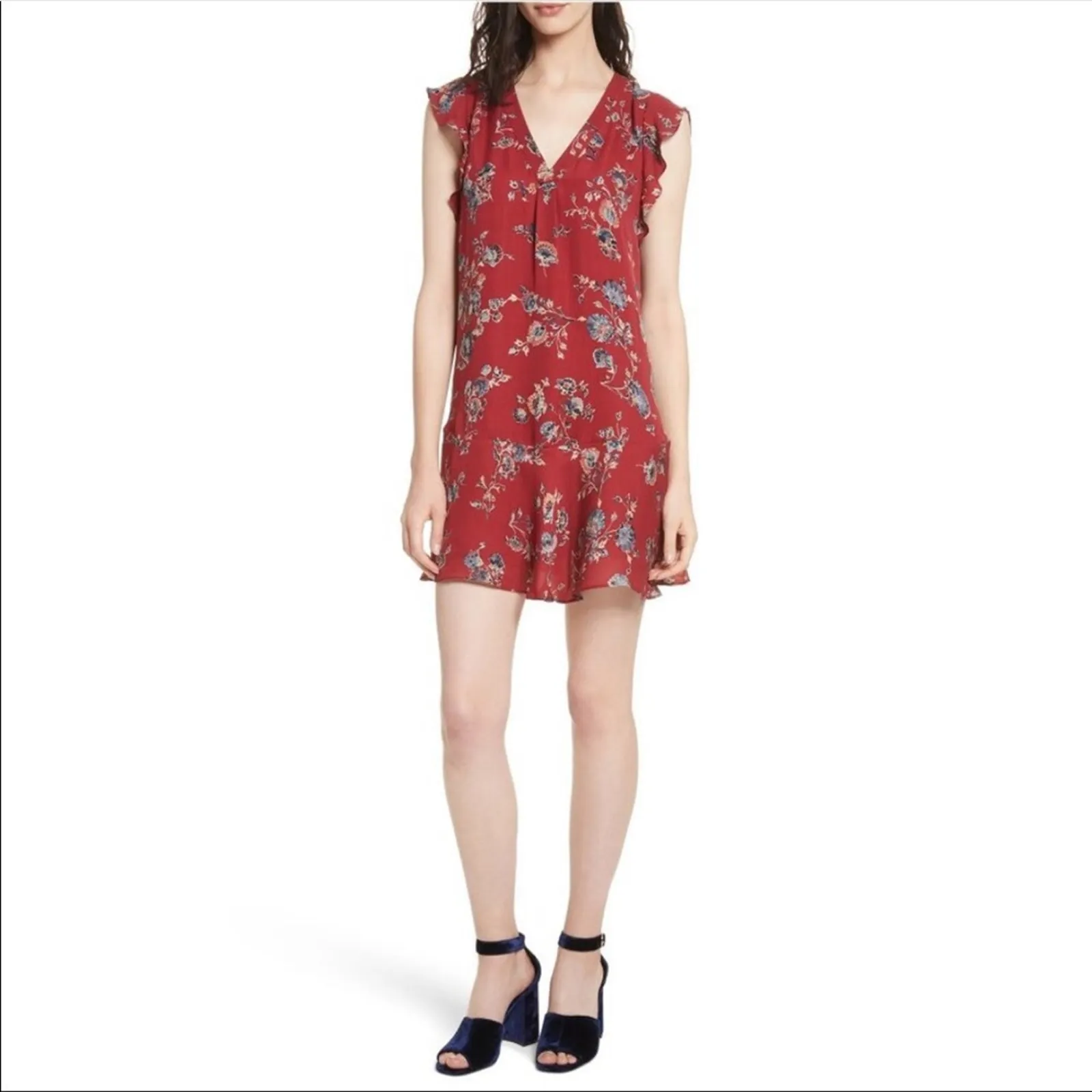 Joie Almarie B Red Floral 100% Silk Mini Dress Medium Georgette Drop Waist Boho - Image 3