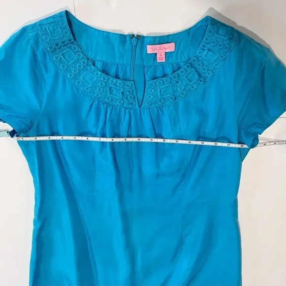 Lilly‎ Pulitzer Teal Blue Geometric Embroidery Short Sleeve Silk Dress MEDIUM - Image 8