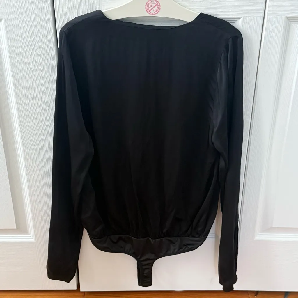 Good American Faux Wrap Satin Flowy Bodysuit in Black - Image 4