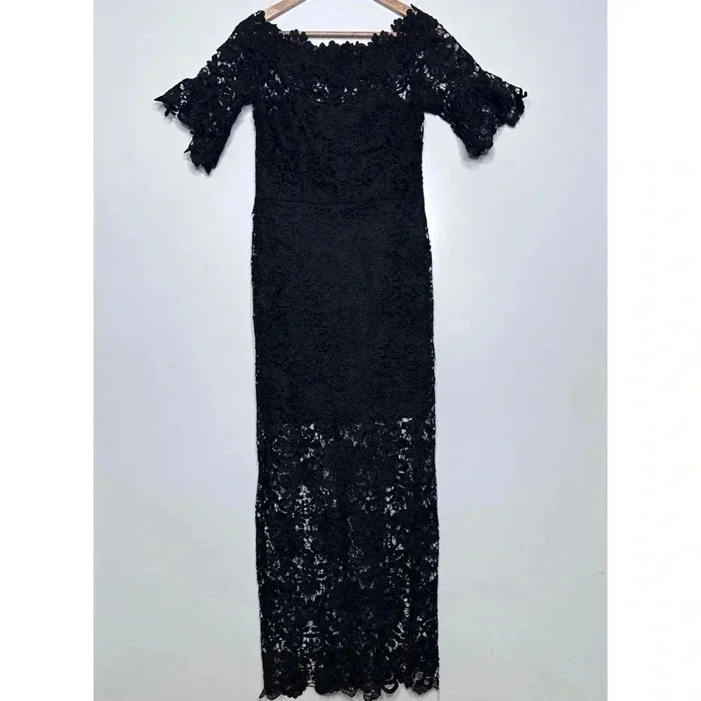 Paper Dolls London Black Off The Shoulder Frill Sleeve Crochet Lace Maxi Dress Size 6 - Image 4