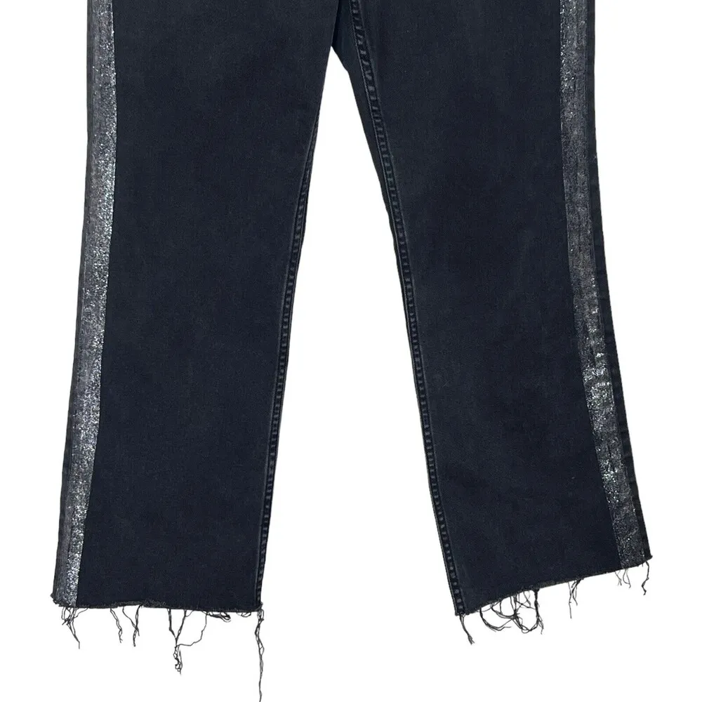La Vie Rebecca Taylor Glitter Stripe Jeans Flare Fringe Hem Black Womens Size 29 - Image 3