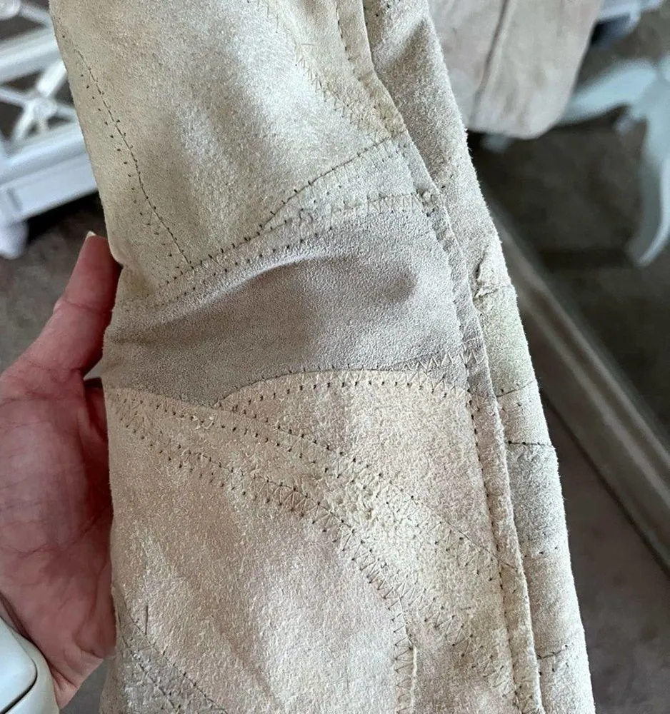 Vintage leather suede cream patchwork jacket zip up Large - Image 4