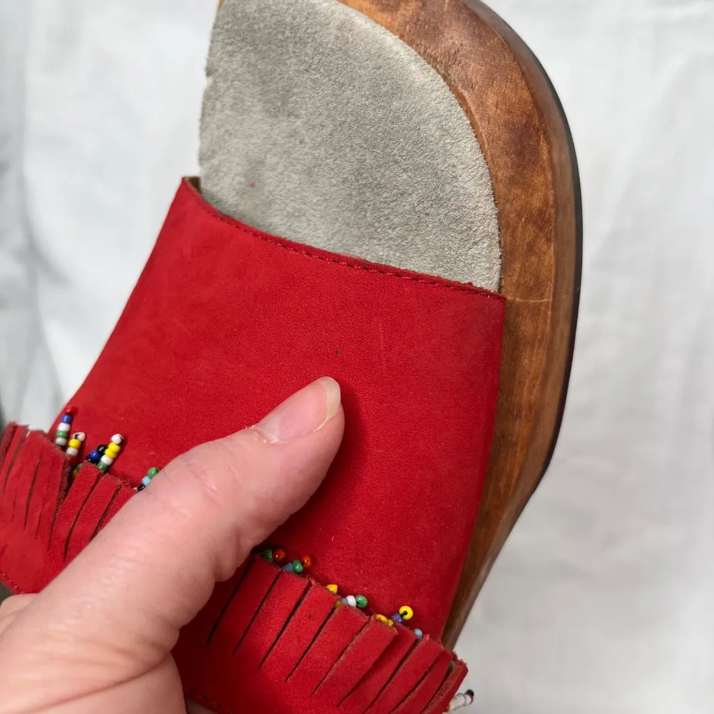Rampage Womens y2k Red Suede Beaded Fringe Wood Clog Slide Sandals Size 7 - Image 9