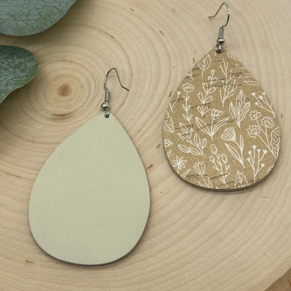 Cork on Genuine Leather Tan Floral Teardrop Lightweight Earrings - Image 4