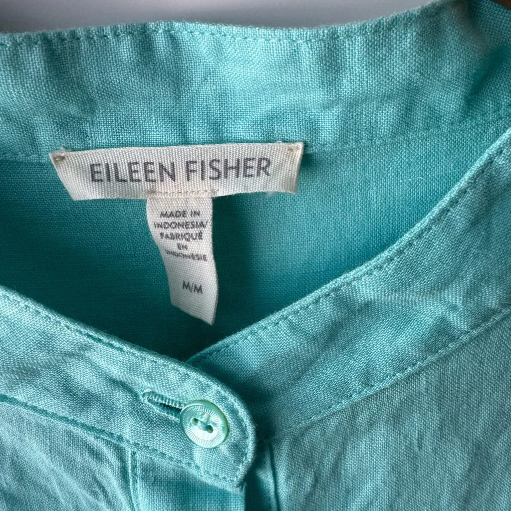 Eileen Fisher Aqua Sleeveless Button Down Mandarin Collar‎ Top Size Medium - Image 5