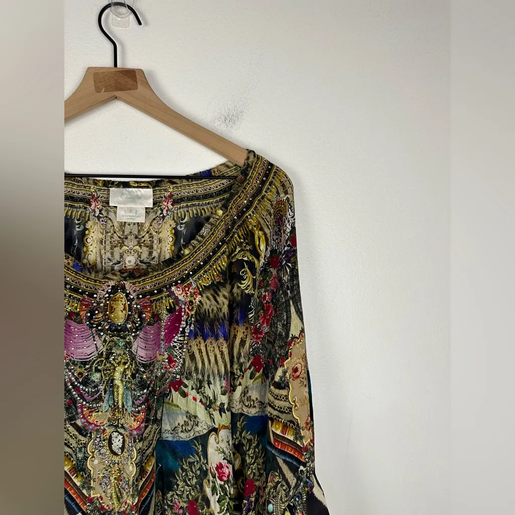 CAMILLA 100% Silk A-line Off the Shoulder Gems Boho Frill Dress Women’s Sz M - Image 4