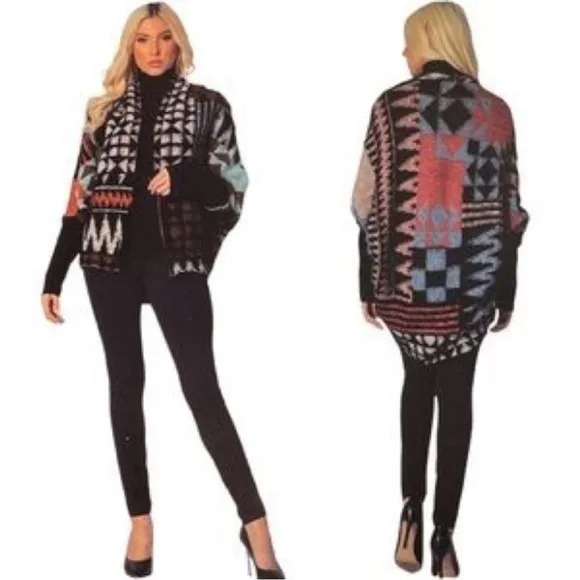 MaxSport Cardigan Cocoon Sweater Southwestern Black Multi NWOT S/M Fuzzy Boho Size undefined - Image 2