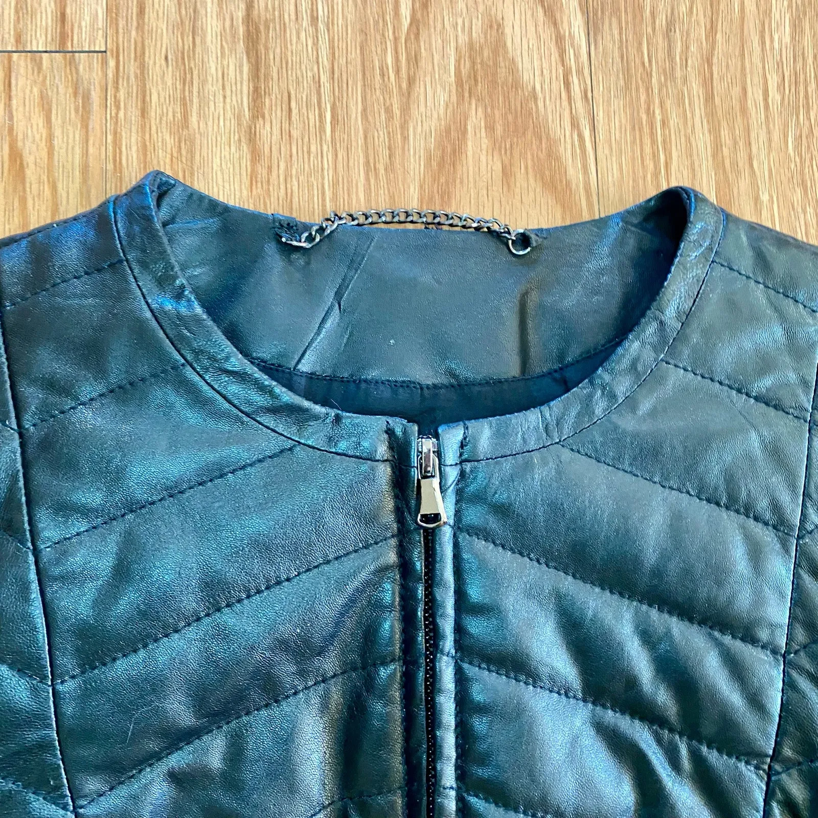 French Connection  Black Quilted Leather Moto Jacket Womens Medium - Image 4