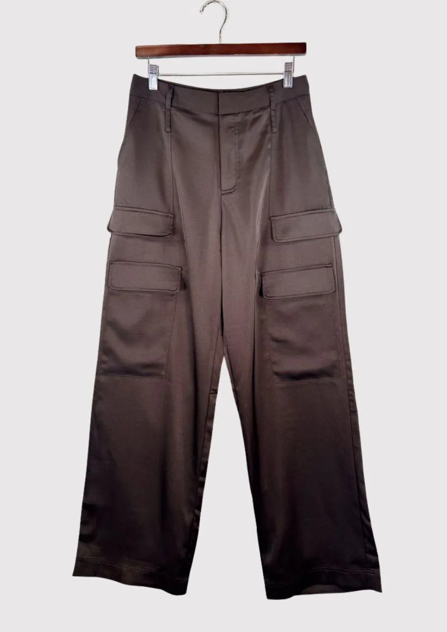 The Noli Shop Womens Pants Brown Milan Satin Cargo Relaxed Full Length Trouser 8 - Image 2