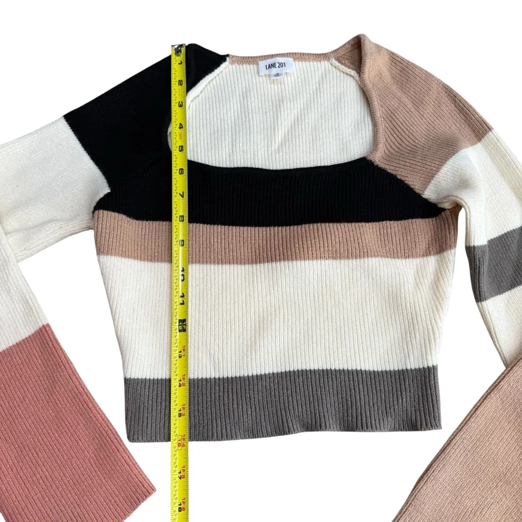 Lane 201 Size M Square Neck Ribbed Knit Sweater Crop Neutral Wide Stripe Fall - Image 9